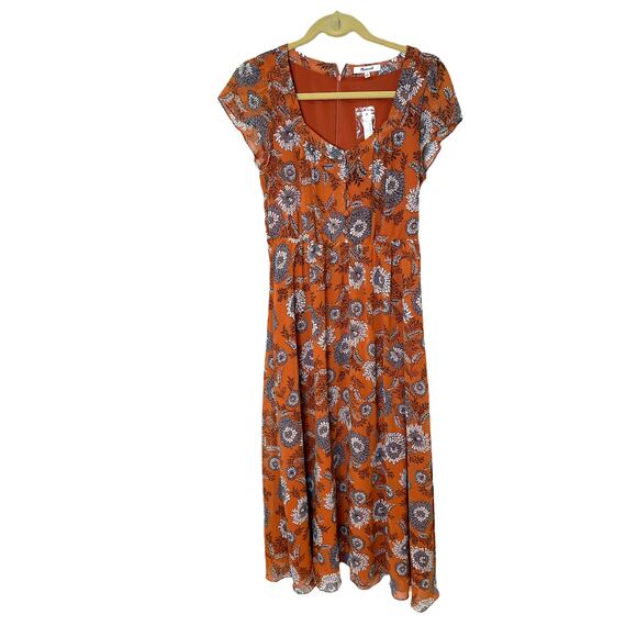 NWT Madewell Sheer-Sleeve Button Front Midi Dress Gathered Blooms  Size 0 - Picture 2 of 8